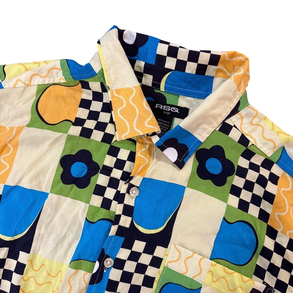 RSQ Button Up Shirt Mens Large Multicolor Geometric Patchwork Rayon Short Sleeve
